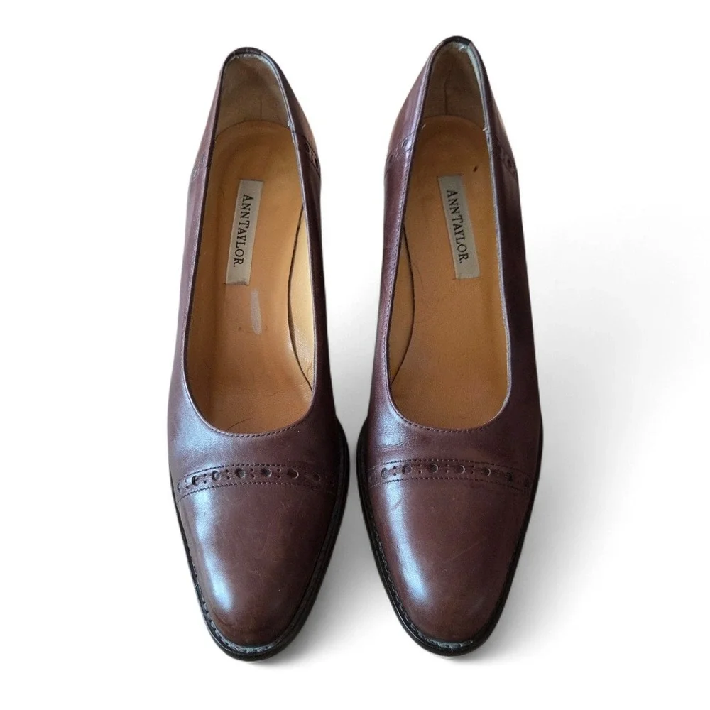 Ann Taylor Brown Leather Pumps 7M Made in Italy Classic Block Heel Career  Shoes